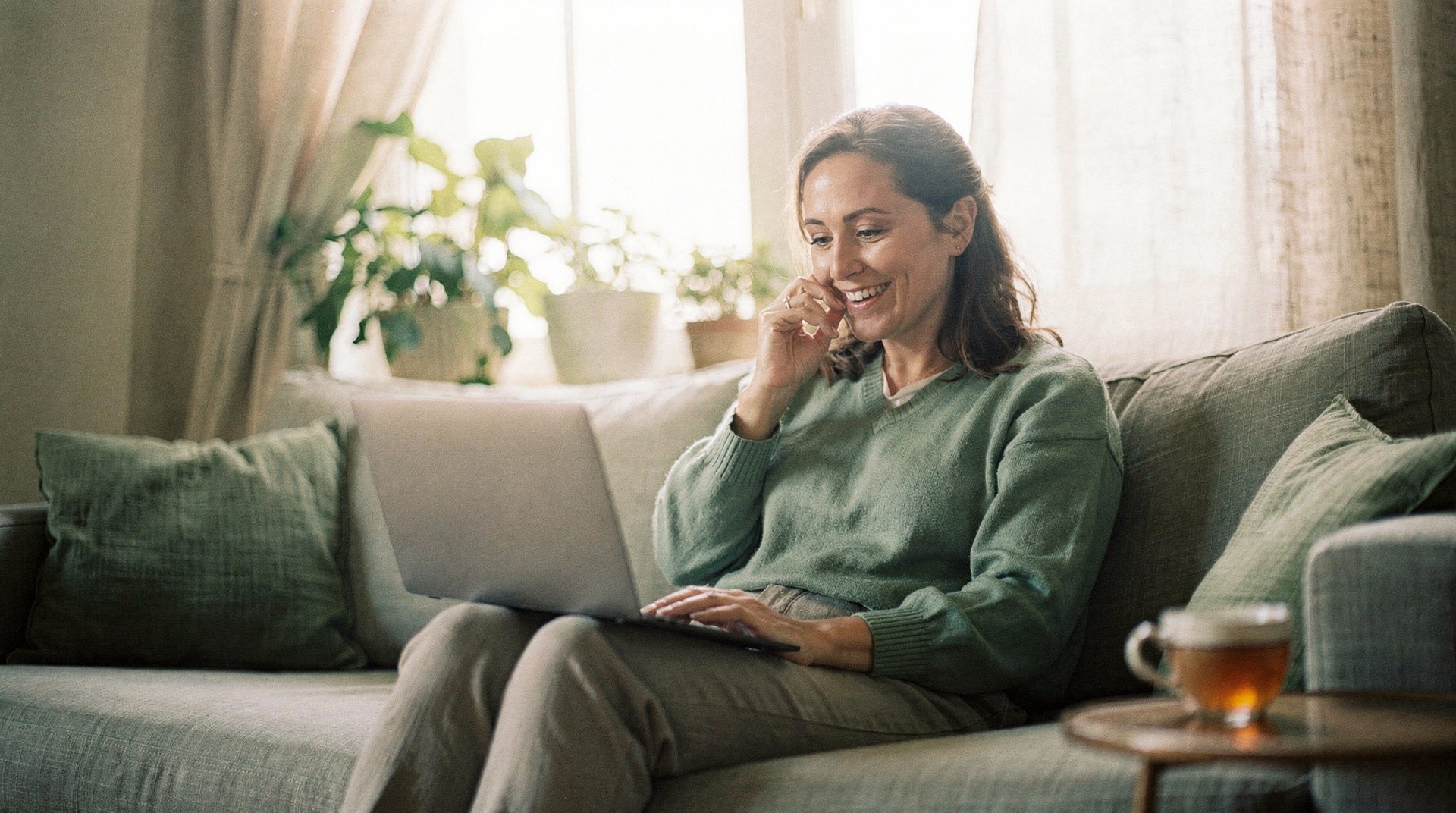 A woman on a sofa at home in morning light, smiling as she talks on the phone with a laptop on her knees.