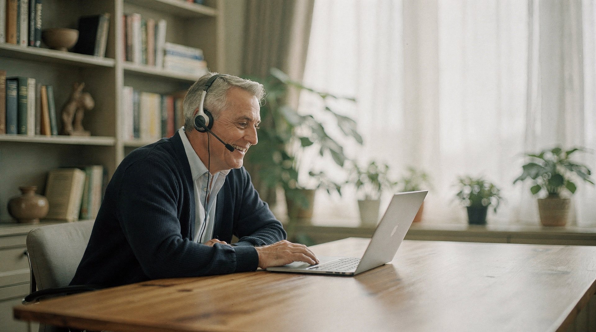 A doctor with grey hair smiling during a video consultation at a timber desk in a bright study.