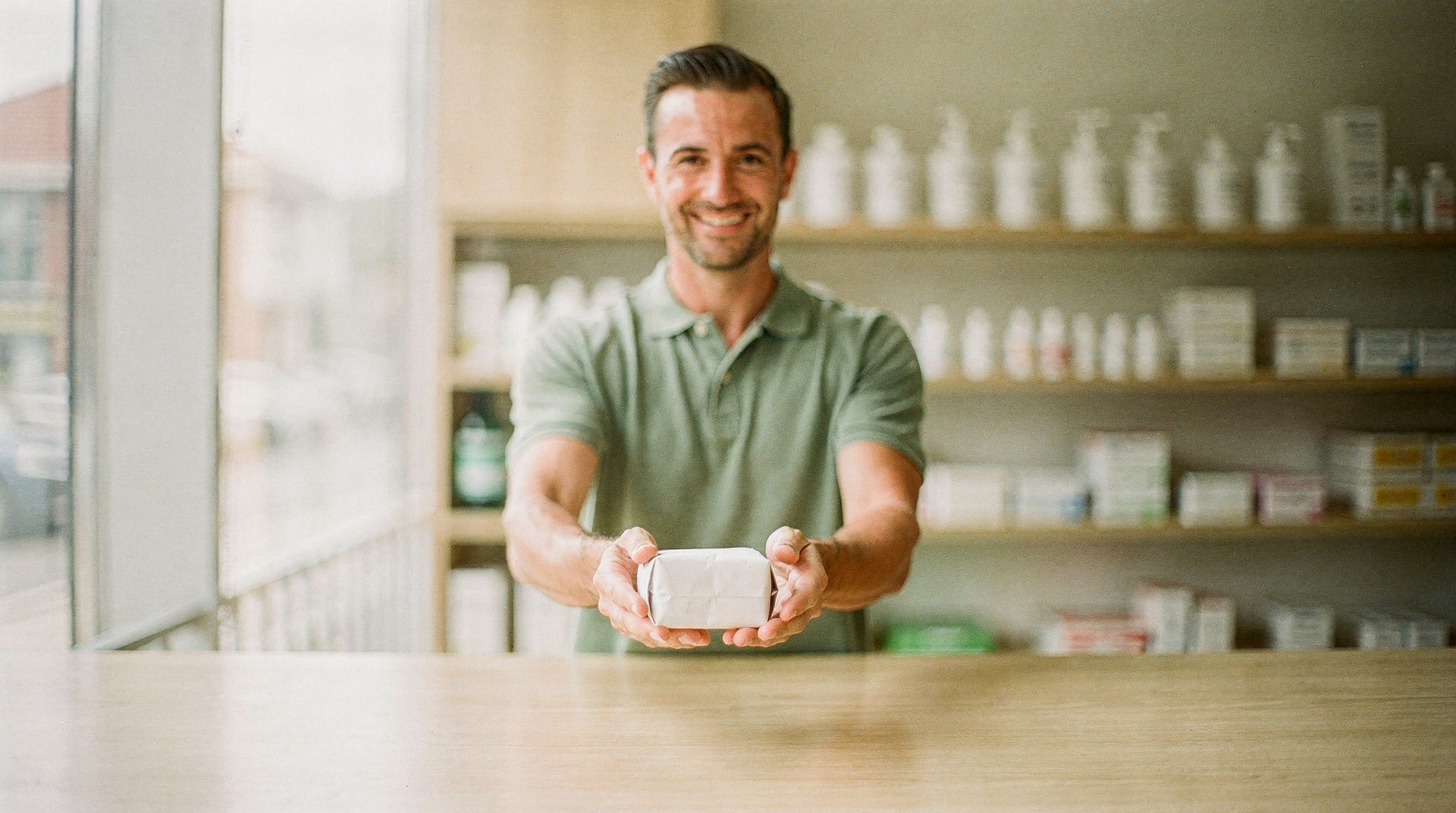 A smiling pharmacist handing a small parcel across a timber counter in a bright pharmacy.
